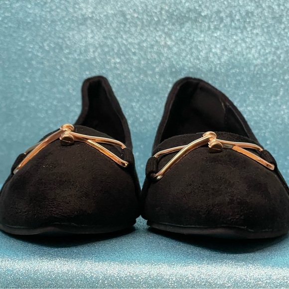 Shoes - NWOT Never Worn: Elegant Black Vegan Suede Flats with Gold Accent